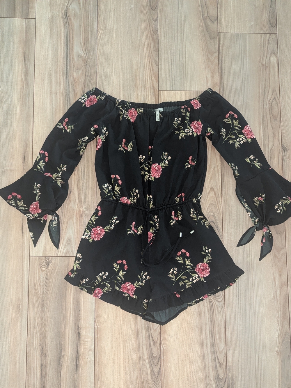 feathers Black Floral Off-Shoulder Romper with Pink Floral Print